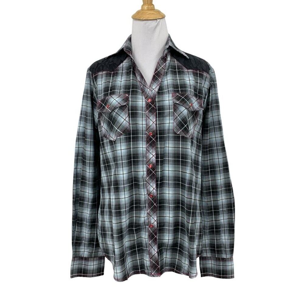 Cowgirl Legend Shirt Women L Large Gray Pink Lace Panel Plaid Pearl Snap Western